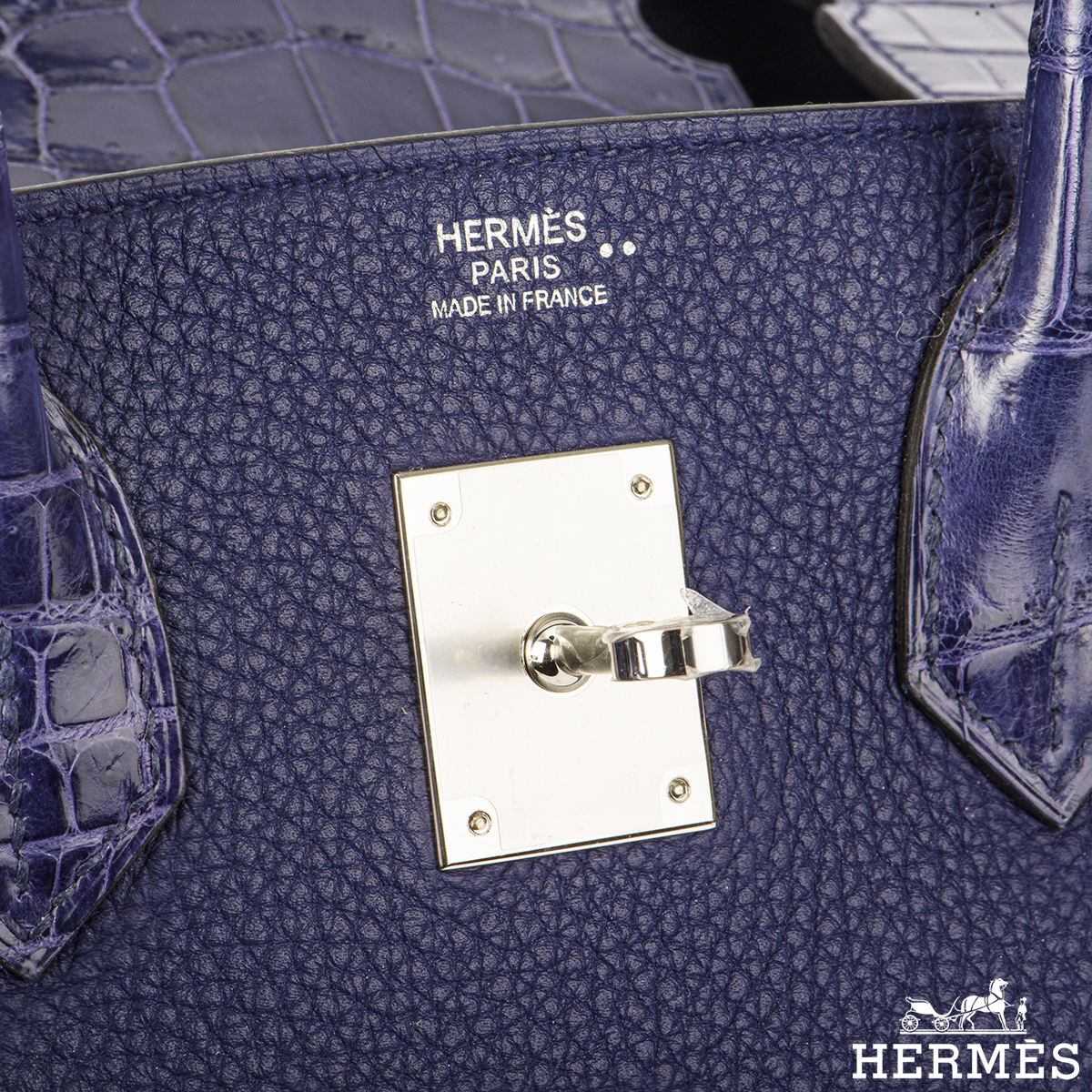 HERMÈS, BLEU ENCRE TOGO AND NILOTICUS CROCODILE BIRKIN TOUCH 30 WITH  PALLADIUM HARDWARE, Luxury Handbags, 2020